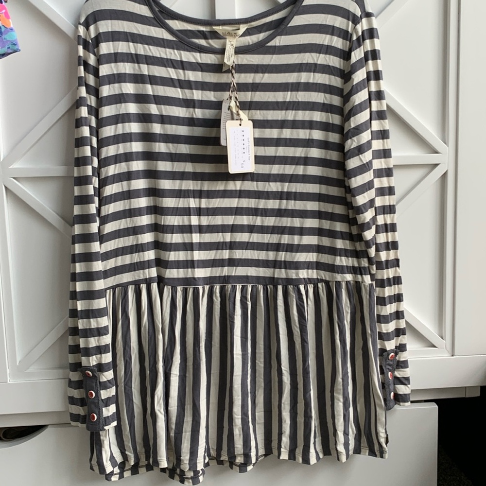 Matilda Jane Let's Connect Tee Gray Cream Striped Long Sleeve Peplum Top Size L